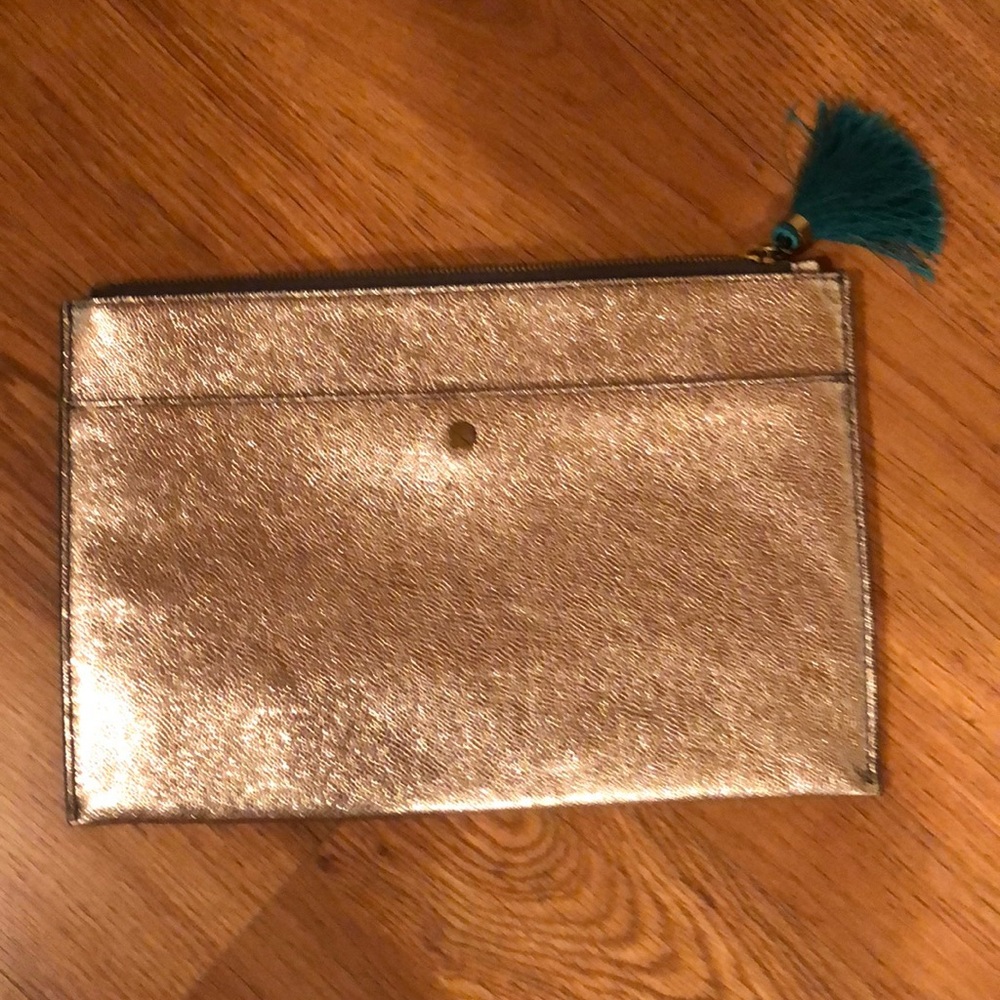 J. Crew Metallic Envelope Clutch w/ Green Tassel